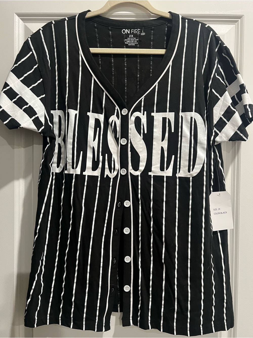 On Fire Black & White 'BLESSED' Button-Front Jersey Top